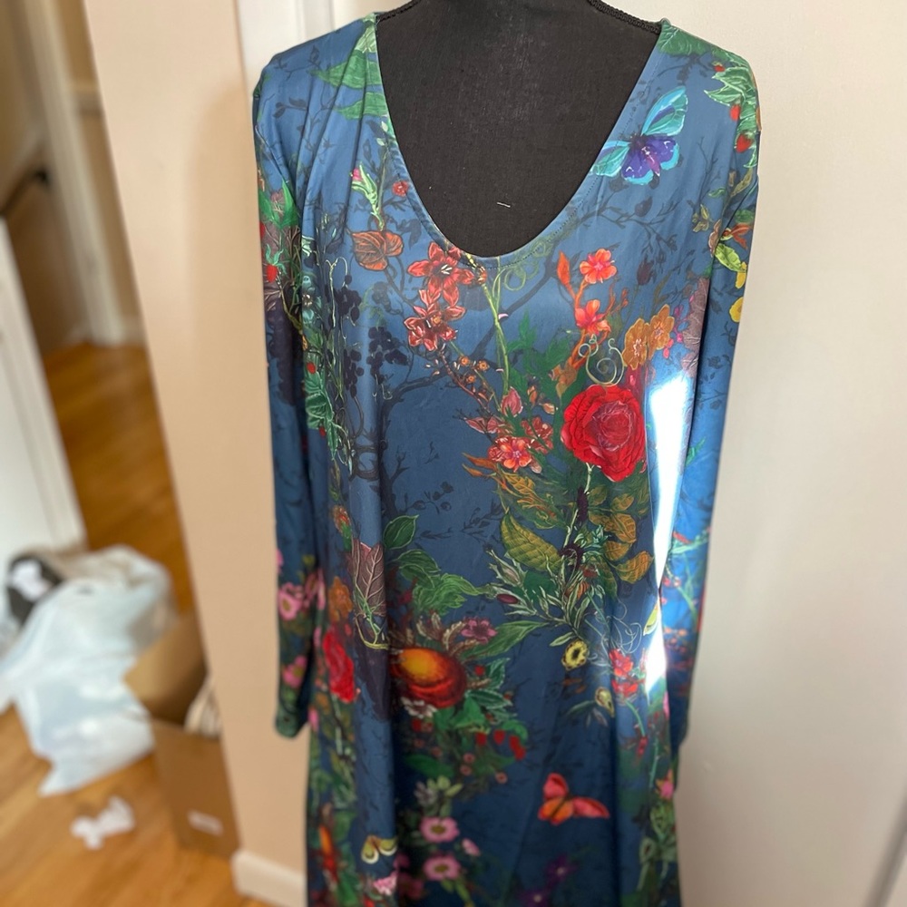 Blue multi color floral maxi dress w long sleeves. Deep scoop neck.